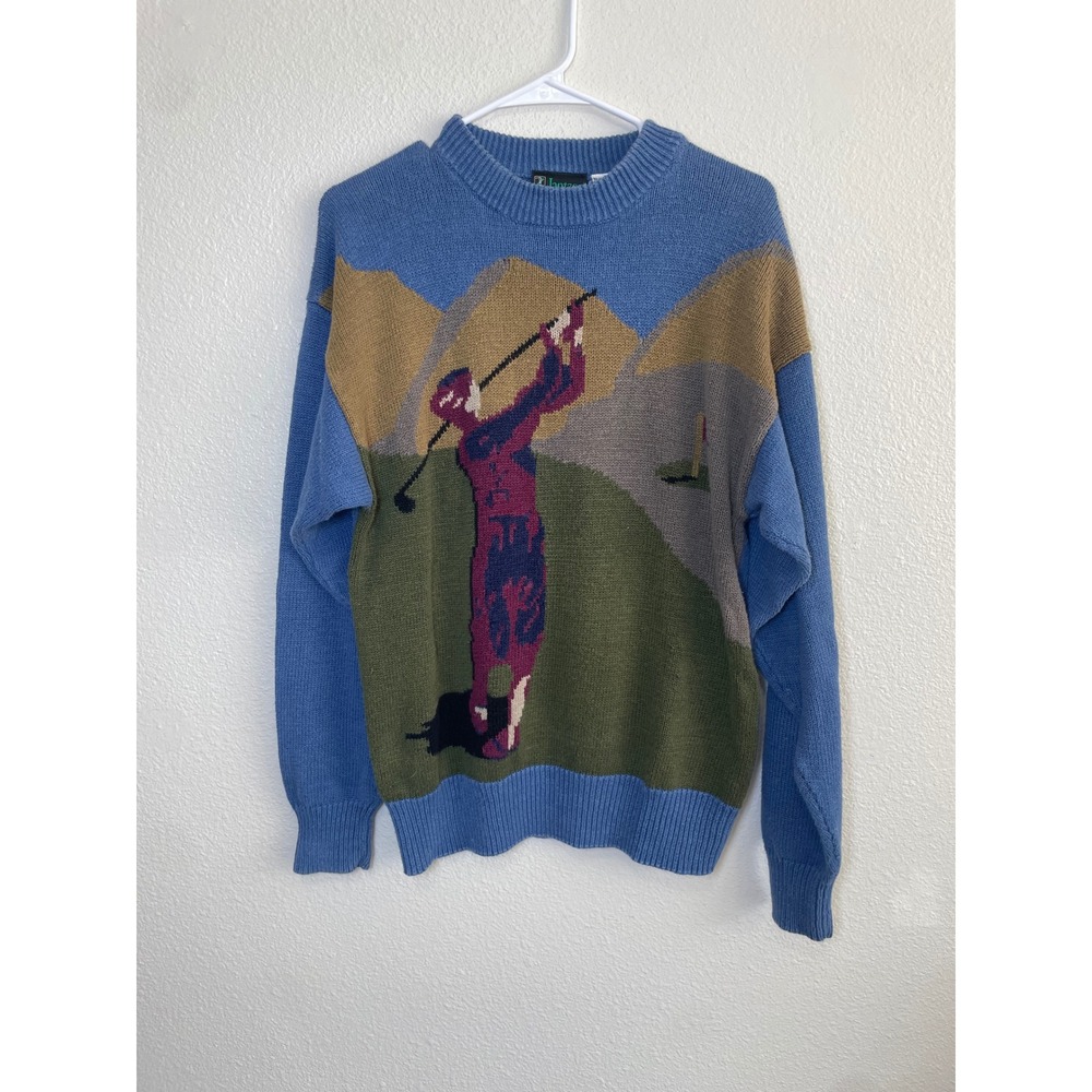 Vintage Jantzen Golf Isle Graphic Sweater Mens Med Blue 90s Ramie Cotton EUC